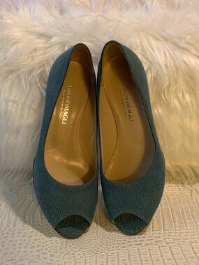 Bruno Magli Teal Blue Perforated Leather Peep Toe Mid Heel Pumps 7B